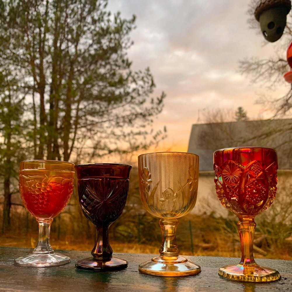 Vintage | 4 Mismatched Carnival Glass Cordials